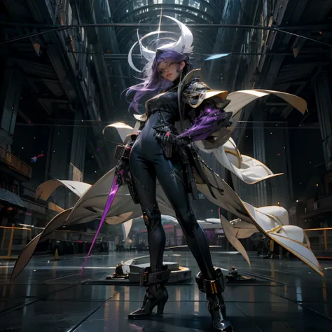 obra prima, cidade futuristas, pessoas no fundo do cenario, armed with a revolver, Cyberpunk, Ultra realista, Dark skin, Como uma Yael Shelbia, ..3d, 3D-rendering, porcelana, latex, melhor qualidade, anatomia humana, cabelo roxo, cabelos reais roxo, cabel...