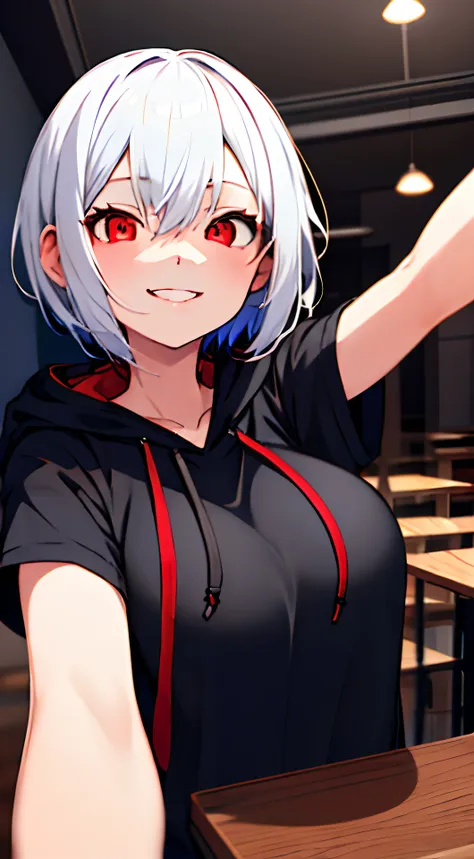 1girl, solo, white hair, red eyes, short hair, big breasts, black hoodie jacket, masterpiece, best quality, selfie, upper body, ...