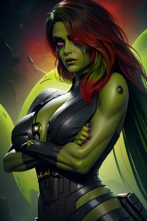 gamora,green skin , multicolored hair,red eyes,hair over one eye, makeup, crossed arms, serious,  
gasuit,
alien planet, 
(insan...