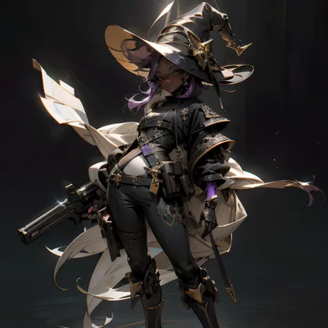 obra prima, cidade futuristas, witch hat, pessoas no fundo do cenario, armed with a revolver, Cyberpunk, Ultra realista, Dark skin, Como uma Yael Shelbia, ..3d, 3D-rendering, porcelana, latex, melhor qualidade, anatomia humana, cabelo roxo, cabelos reais ...