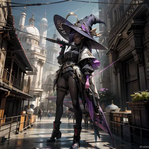 obra prima, cidade futuristas, witch hat, armed with a revolver, Cyberpunk, Ultra realista, Dark skin, Como uma Yael Shelbia, ..3d, 3D-rendering, porcelana, latex, melhor qualidade, anatomia humana, cabelo roxo, cabelos reais roxo, cabelos roxo, Asymmetri...