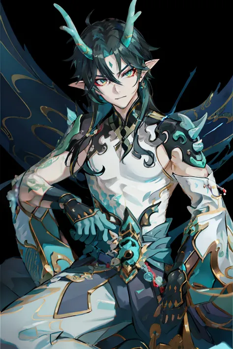 (absurderes,A high resolution,Hyper-detailing,hdr),Dragons horn,tmasterpiece,best qualtiy,1人,独奏,Handsome,Golden eyes,Fine eyes and detailed face,toppless,Tattooed with,arma,seated on a throne,pervert smirk,Abs,chest muscle,Raised sexy,Ruffian