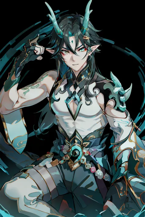 (absurderes,A high resolution,Hyper-detailing,hdr),Libido boy,Dragons horn,Long messy black hair,tmasterpiece,best qualtiy,1人,独奏,Handsome,Golden eyes,Fine eyes and detailed face,toppless,Tattooed with,arma,seated on a throne,pervert smirk,Abs,chest muscle,...