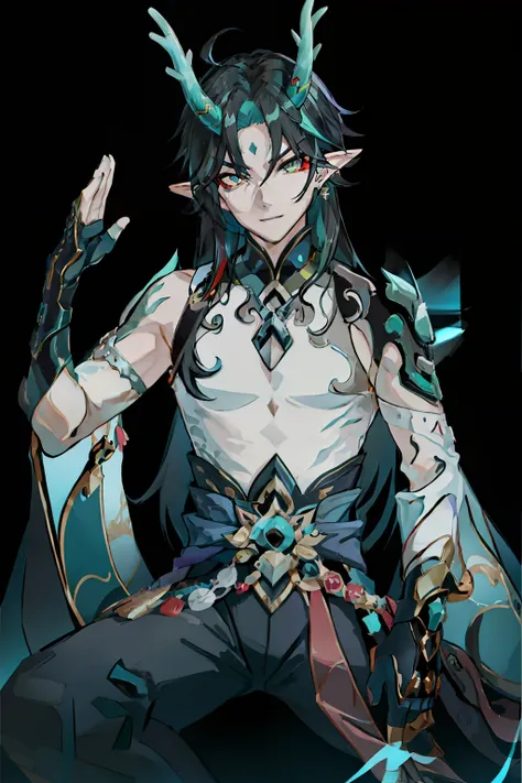 (absurderes,A high resolution,Hyper-detailing,hdr),Libido boy,Dragons horn,Long messy black hair,tmasterpiece,best qualtiy,1人,独奏,Handsome,Golden eyes,Fine eyes and detailed face,toppless,Tattooed with,arma,seated on a throne,pervert smirk,Abs,chest muscle,...
