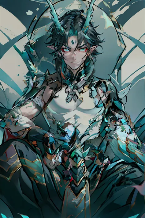 (absurderes,A high resolution,Hyper-detailing,hdr),Dragons horn,tmasterpiece,best qualtiy,1人,独奏,Handsome,Golden eyes,Fine eyes and detailed face,toppless,Tattooed with,arma,seated on a throne,pervert smirk,Abs,chest muscle,Raised sexy,Ruffian,Show your tem...