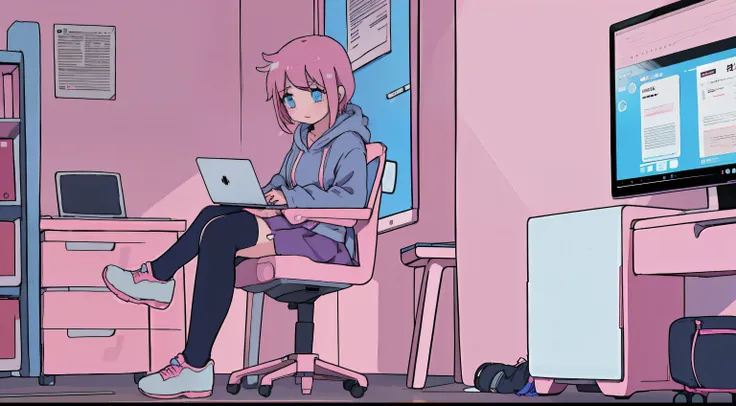 anime girl, short pink hair, bangs, pink hoodie, blue skirt, black legwear, choker, white shoes, indoors, using a laptop, lookin...