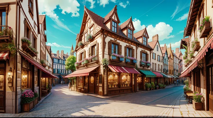 "picturesque townscape: breathtaking architecture in art nouveau style, ((paved street)), ((cafe in the background: 0.5)), ((mag...