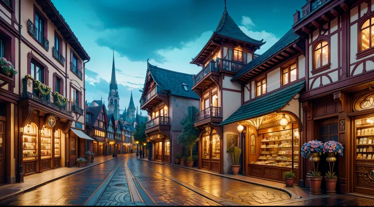 "picturesque townscape, breathtaking architecture ((art nouveau style)), ((paved street)), ((magic shops: 0.5)); town square, ch...