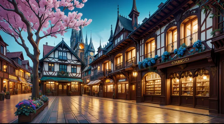 "picturesque townscape, breathtaking architecture ((Art Nouveau style)), ((paved street)), ((magic shops: 0.5)); town square, charming, vibrant cityscape, enchanting magical fantasy ambiance, (masterpiece), (best quality), (ultra-detailed) beautiful surrou...