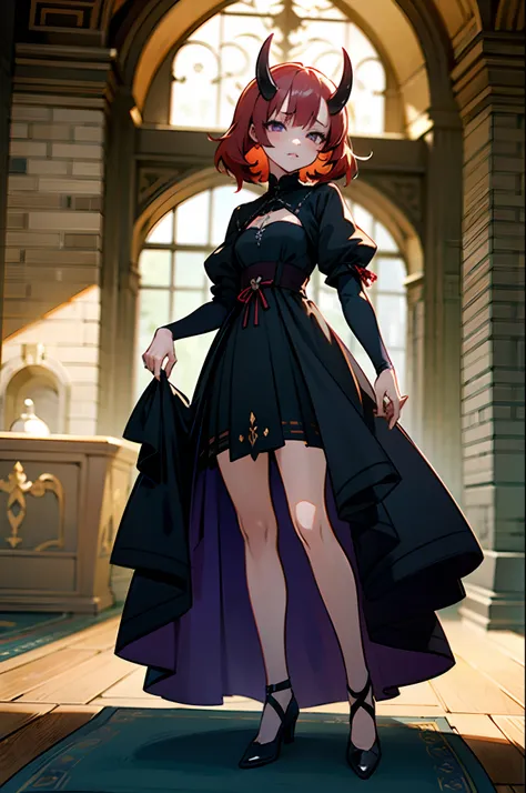 anime girl with red short disheveled hair, black horns and purple eyes, wearing short medieval black beautifull dress, castle ha...