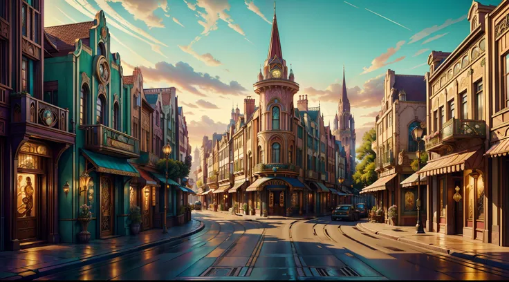 "picturesque townscape, breathtaking architecture ((art nouveau style)), ((paved street)), ((magic shops: 0.5)); town square, ch...