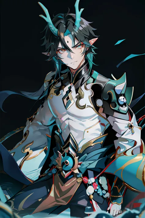 (absurderes,A high resolution,Hyper-detailing,hdr),Dragons horn,tmasterpiece,best qualtiy,1人,独奏,Handsome,Golden eyes,Fine eyes and detailed face,toppless,Tattooed with,arma,seated on a throne,pervert smirk,Abs,chest muscle,Raised sexy,Ruffian,Show your tem...