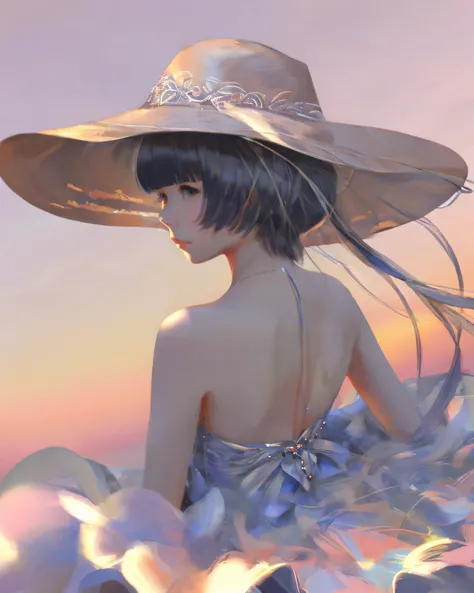 dal, (best quality, masterpiece, intricate detail:1.2), , 1girl, back shot, bangs, bare_shoulders, blunt_bangs, blush, dress, hi...