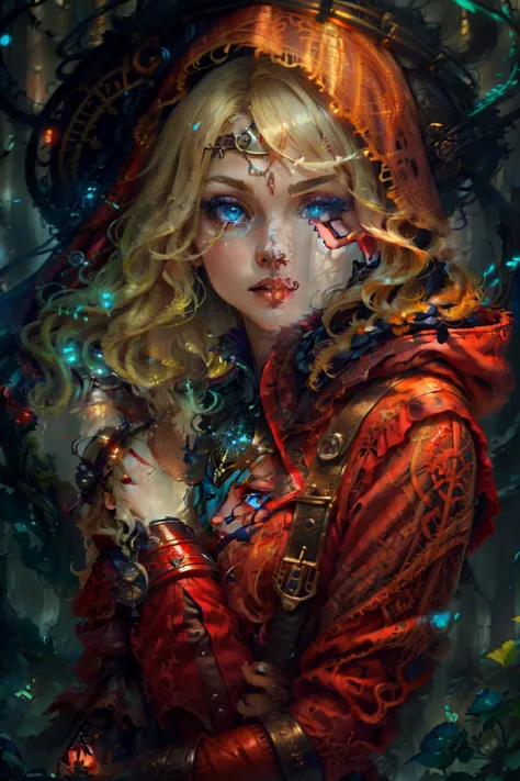 Girl, blond hair, blue eyes, red coat, Red Hood, Dark Fantasy, Fantasy, steampunc, illustartion, 4k, hiquality