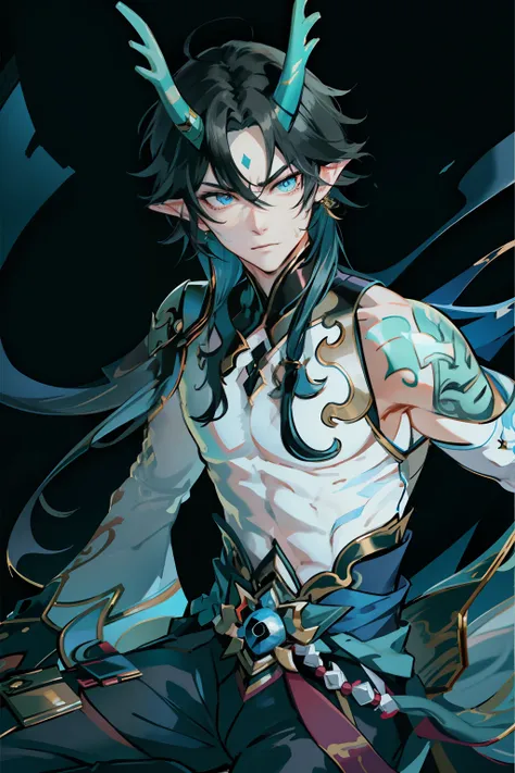 (absurderes,A high resolution,Hyper-detailing,hdr),Dragons horn,younge boy,tmasterpiece,best qualtiy,1人,独奏,Handsome,Golden eyes,Fine eyes and detailed face,toppless,Tattooed with,arma,seated on a throne,pervert smirk,Abs,chest muscle,Raised sexy,Ruffian,Sh...
