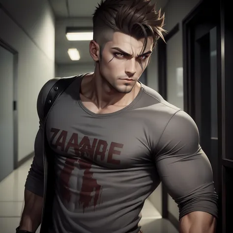 male. attractive zombie. glowing gray eyes. muscled. brown hair. short, spikey hairstyle. dressed in casual clothing.