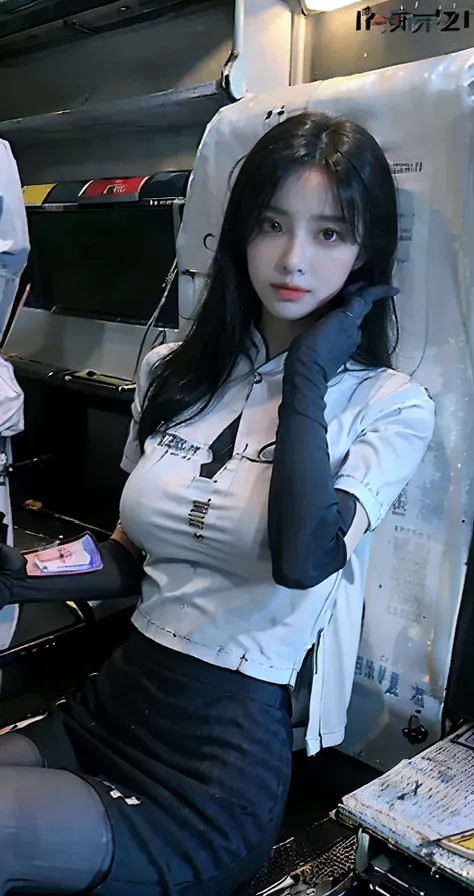 tmasterpiece,best qualtiy,A high resolution,(Fidelity:1.4),Chinese beautiful woman,thigh gap,nedium breasts,black lence stockings,1 girl in the cabin of an airplane,long whitr hair,(solo person:1.1),(Slit skirt curtain:1.5),(Häkerneck T-shirt),stewardess,W...