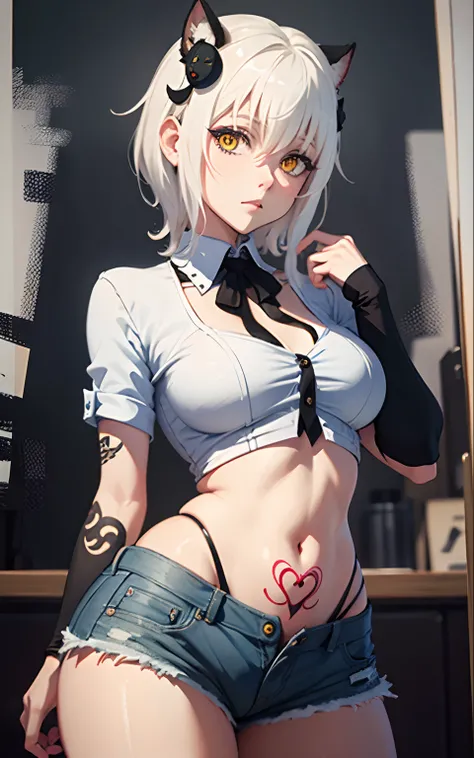 masterpiece, short shorts, masterpiece, best quality, highres, dark persona, watercolor painting theme, (looking at the viewer: 1.1), wide hips, big ass, standing, bent, tojou koneko, yellow eyes, white hair, short hair, hair ornament, white shirt, black r...