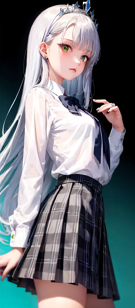 1girll, (Masterpiece:1.1), (Best quality:1.1), (White blouse:1.1), (checkered skirt:1.1), school uniform, high waisted skirt, Break [Blue:Pink:0.5] Theme, (Gradient background:1.1), Cowboy shot, Break Silver Hair, Long hair, , Green eyes, intricate detaile...