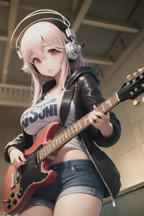 (masterpiece, best quality:1.2), solo, 1girl, super sonico, expressionless, playing guitar, holding instrument, headphones, red ...