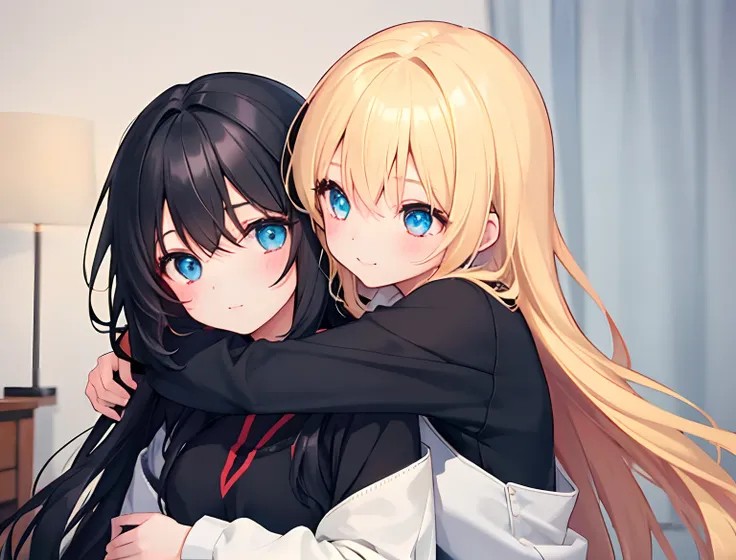 2girls，girl1：，adolable，black color hair，long whitr hair，girl 2：golden hair，long whitr hair，hugs