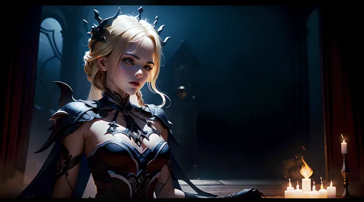 extremamente detalhado, rainha do gelo Elsa adulta, Poderes do caos, Deslumbrante armadura decotada de death knight , braided blonde hair, Olhos azuis Brilhantes, Ambiente maligno, Satanic magic, fagulhas caindo suavemente.Extreme demoniac,Rainha Lich,gost...
