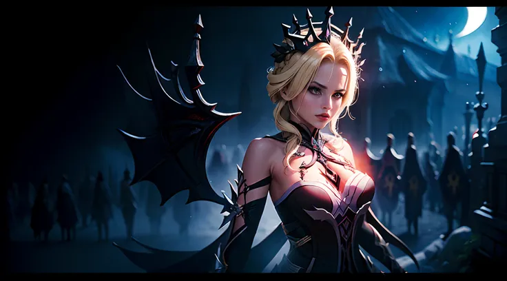 extremamente detalhado, rainha do gelo Elsa adulta, Poderes do caos, Deslumbrante armadura decotada de death knight , braided blonde hair, Olhos azuis Brilhantes, Ambiente maligno, Satanic magic, fagulhas caindo suavemente.Extreme demoniac,Rainha Lich,gost...