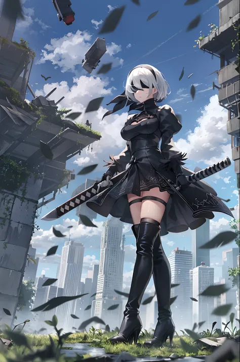 yorha no. 2 type b, 1girl, absurdres, black blindfold, black dress, black hairband, blindfold, blue sky, boots, building, city, cloud, covered eyes, debris, dress, feather-trimmed sleeves, feather trim, from below, gloves, grass, hairband, high heel boots,...