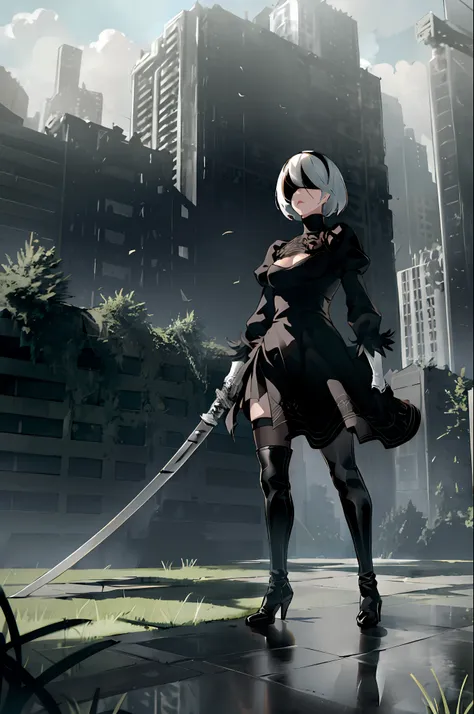 yorha no. 2 type b, 1girl, absurdres, black blindfold, black dress, black hairband, blindfold, blue sky, boots, building, city, ...