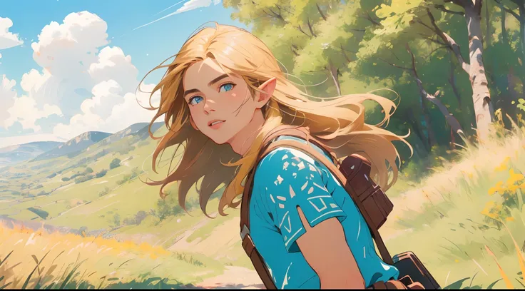 (Award Winning Digital Artwork:1.3) of (Ultra detailed:1.3) solo male, 1 guy, leaning, (bright blue eyes), (blond hair 1.3), beautiful forest, shirtless, handsome, straps, gorgeous,CGSociety,ArtStation, forest, fantasy, breath of the wild, botw, extremely ...