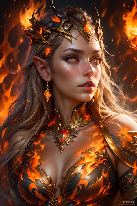 This (realistic fantasy) art contains embers, real flames, real heat, and realistic fire. Generate a masterpiece artwork of a petite female fire druid with large (((orange and gold))) eyes. The fire druid is awe-inspiring with beautiful ((realistic fiery e...
