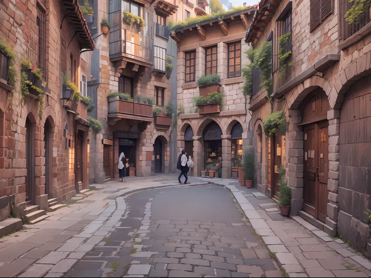 short buildings、alafed view of stone pickup street, gothic quarter, medieval architecture, barcelona,, baroque winding cobbled s...