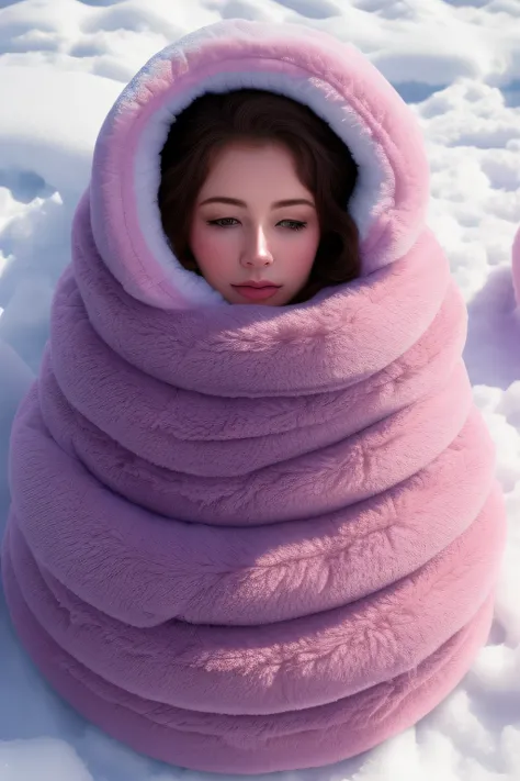 (dark shot:1.2), 80mm shot from above of woman lying on snow, full body wrapped in (plush fleece:1.2) blanket, (in sleeping bag:0.8), (coils:1.2), (winter:0.6), pastel colors (detailed fur:0.8), soft light, sharp, exposure blend, medium shot, bokeh, (hdr:1...