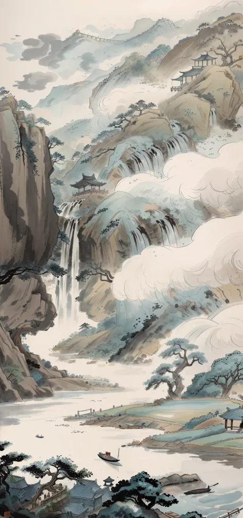 Ink painting of Chinese painting,one-girl,A tranquil(Big tree in the background,Stone waterfall,Miscellaneous trees,flowingwater,Far Tree,weeds,small boats,jetty,Sky blank clouds,Five or six farmhouses)