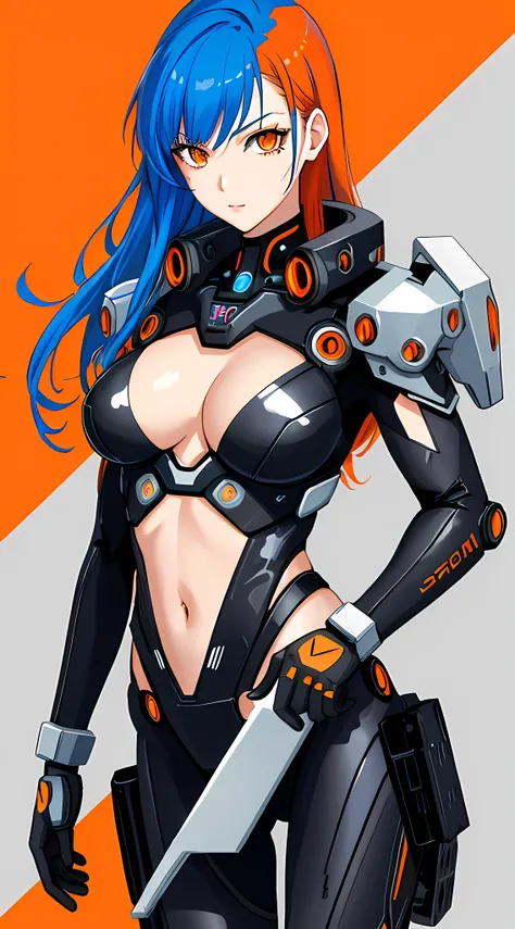 cyborg style, 1girl, solo, orange eyes, blue hair, science fiction, breasts, high quality, high resolution