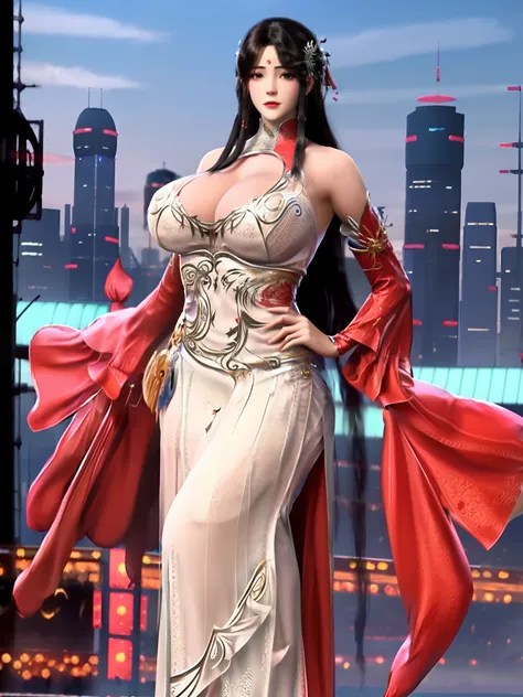 1girl, mature female,long dress, (huge fake breasts:1.5), cityscape, looking at viewer, detached sleeves, hair ornament,forehead...