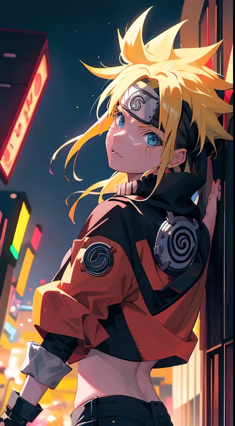 teens girl、portrait, neons, 1 girl, shoujo-style, spiky blonde hair, wounds on the cheeks, black and red clothes, leather jacket...