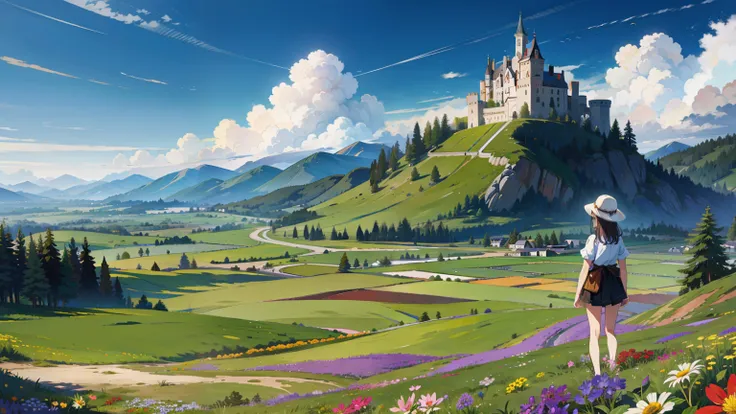 flat land, mountain, (castle:1.1), grass, (flower  field:1.3), 1 girl back,