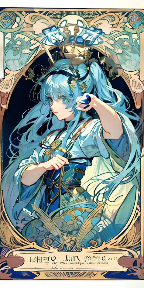 masutepiece, superior quality, adult, tarot, lightblue hair、twintails hairstyle、bard, court fool, symbolism, visual arts, occult...