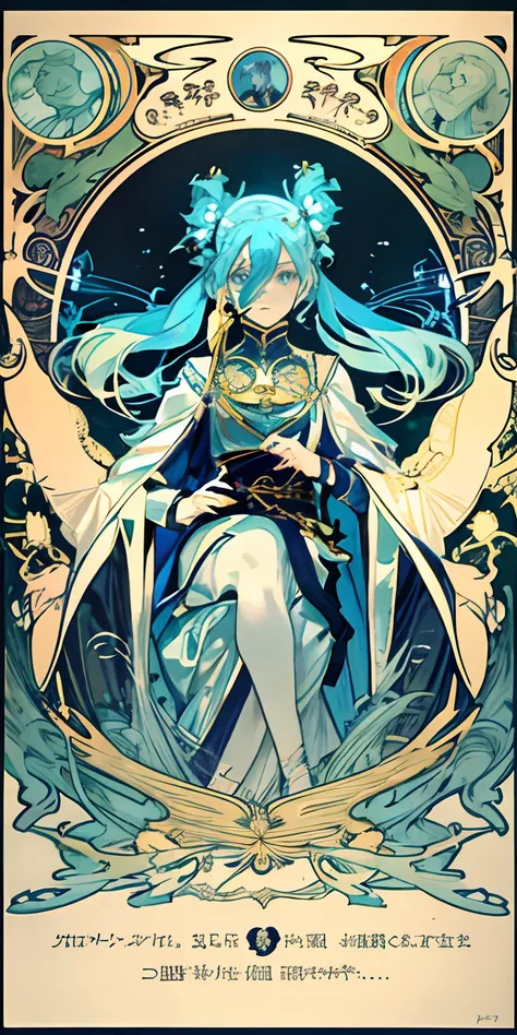 masutepiece, superior quality, adult, tarot, lightblue hair、twintails hairstyle、bard, court fool, symbolism, visual arts, occult...