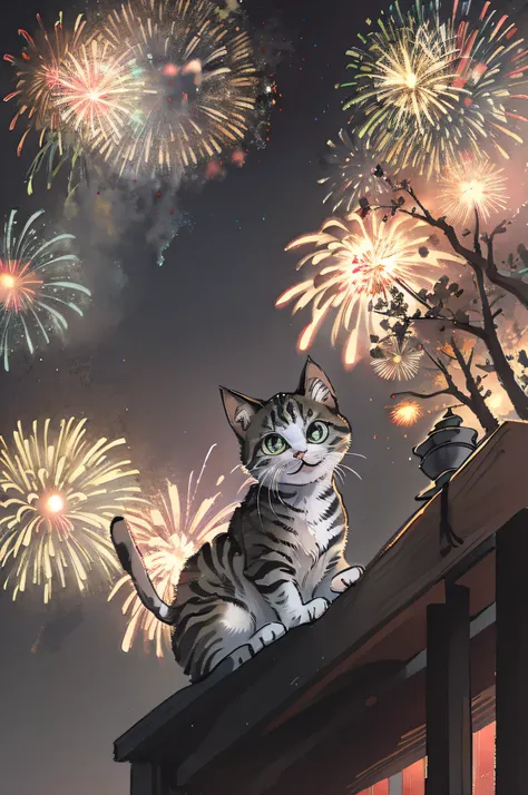 fireworks in the background、1 kitten