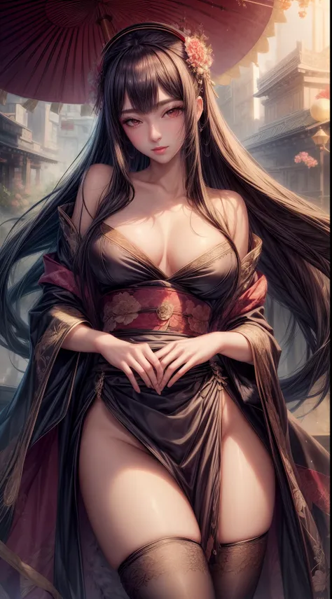 queen in kimono and midi skirt, satin, fur, (stockings), decollete, natural breasts, slim body, zettai ryouiki, medium length hair, beautiful detailed eyes, portrait, most realistic, highest quality, best pixels, 8k ultra