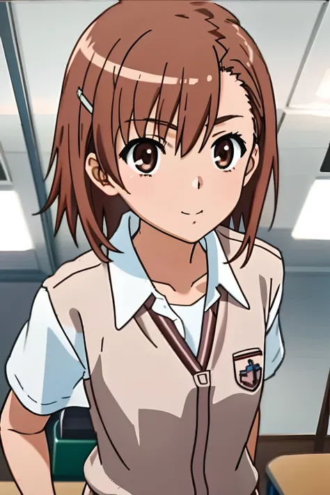 masterpiece, best quality, misaka_mikoto, brown eyes, short_hair, small_breast, looking at viewer, solo, closed_mouth, collared_...