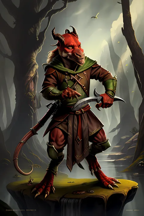 adventurer, Masterpiece, Best quality, Leprechaun, snout, Long with short horns, Claws, Tail, Red skin, scales, Bronze short sword