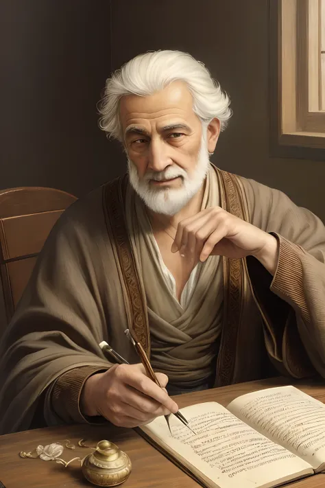 close up of 1 man, old, of moroccan descent, wizard sitting by a wood table writing with a quill on a parchment, beautiful face,...