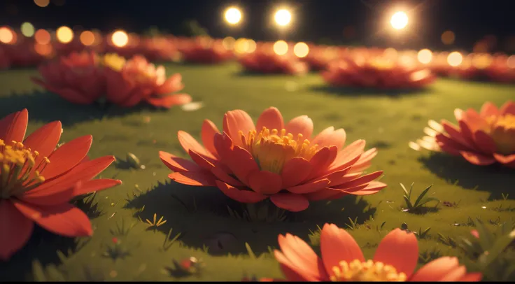 the night，lawns，small red flowers，close-up