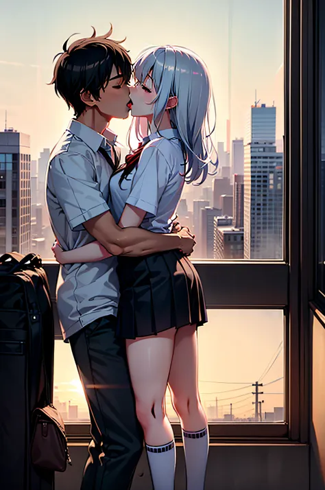 couple, hetero, 1boy, 1girl, cuddling, kiss, school_uniforms, backlight, sunset, school_terrace,kiss, french kiss, tongue kiss, ...