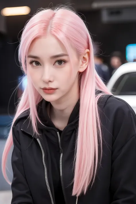 girl with pink hair， looks into camera，high qulity