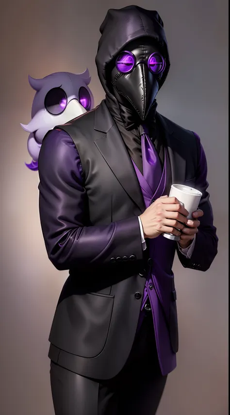 a gentleman, doctor plague mask closed ((with purple round lenses and black beak)), ((black vest)), ((red tie)), holding a cup o...