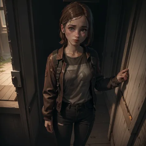 retro style ellieabigail "abby" anderson fom the last of us having very big eyes random style and full body view, dark backgroun...